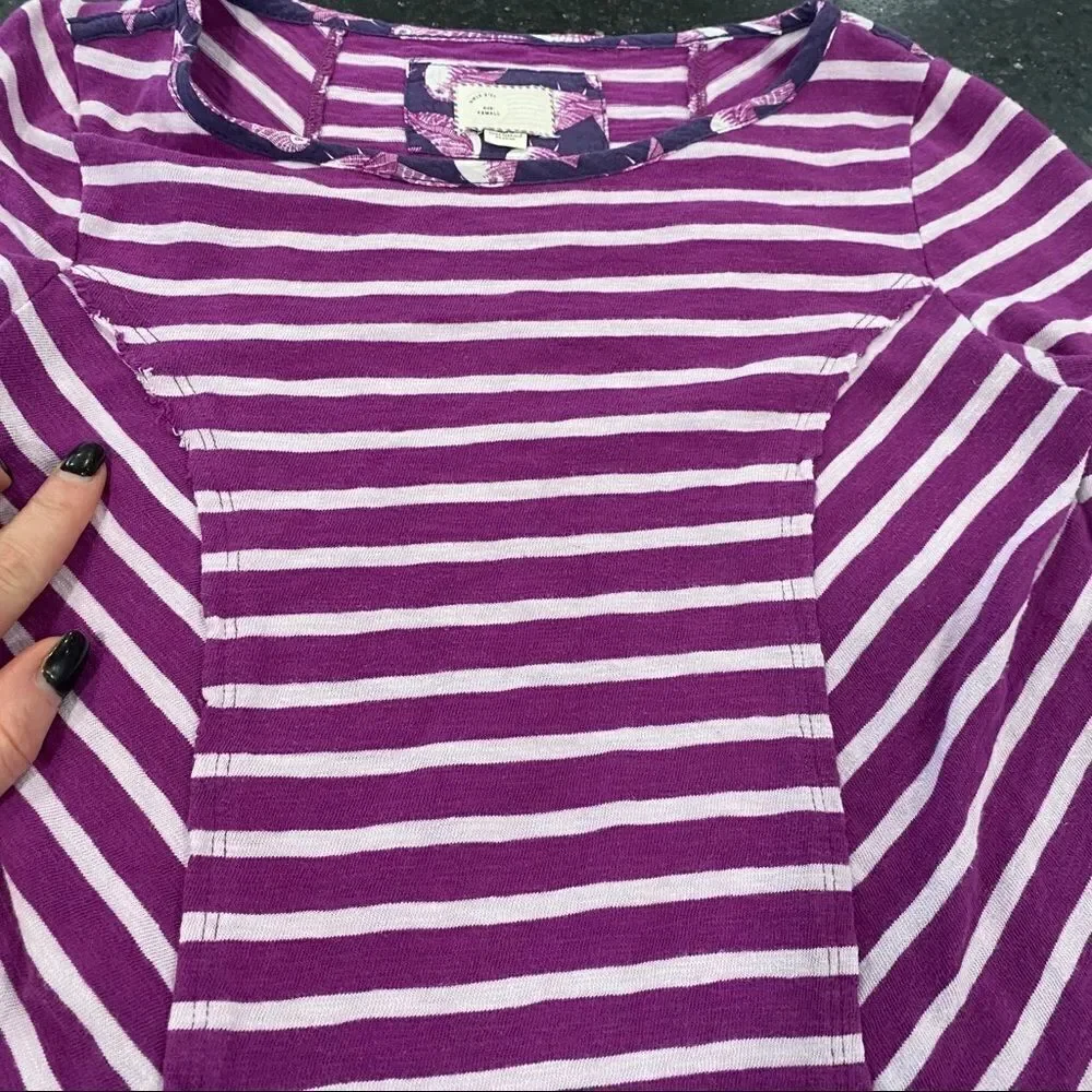 Anthropologie postmark purple Stripe Hi Lo Shirt Birds Mixed Print‎ XS Lagenlook